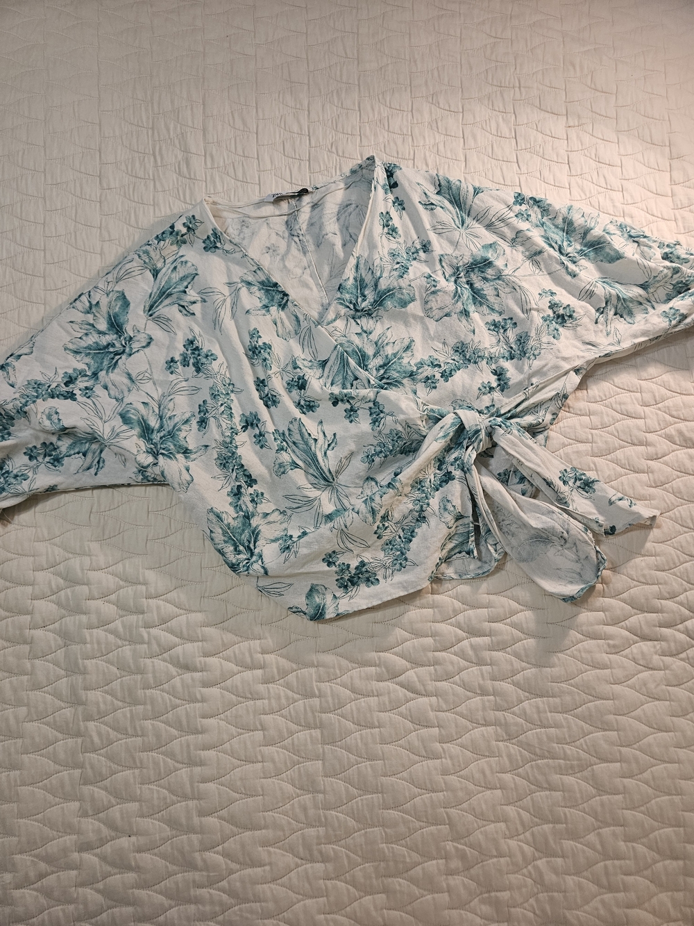 Zara Teal Floral Wrap Blouse on White